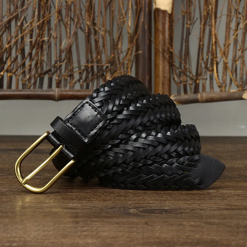 3CM Unisex Fashion Designer Weaving Belt Women And Men Full Grain Real Genuine Leather Girdle Breathable Belt For Jeans