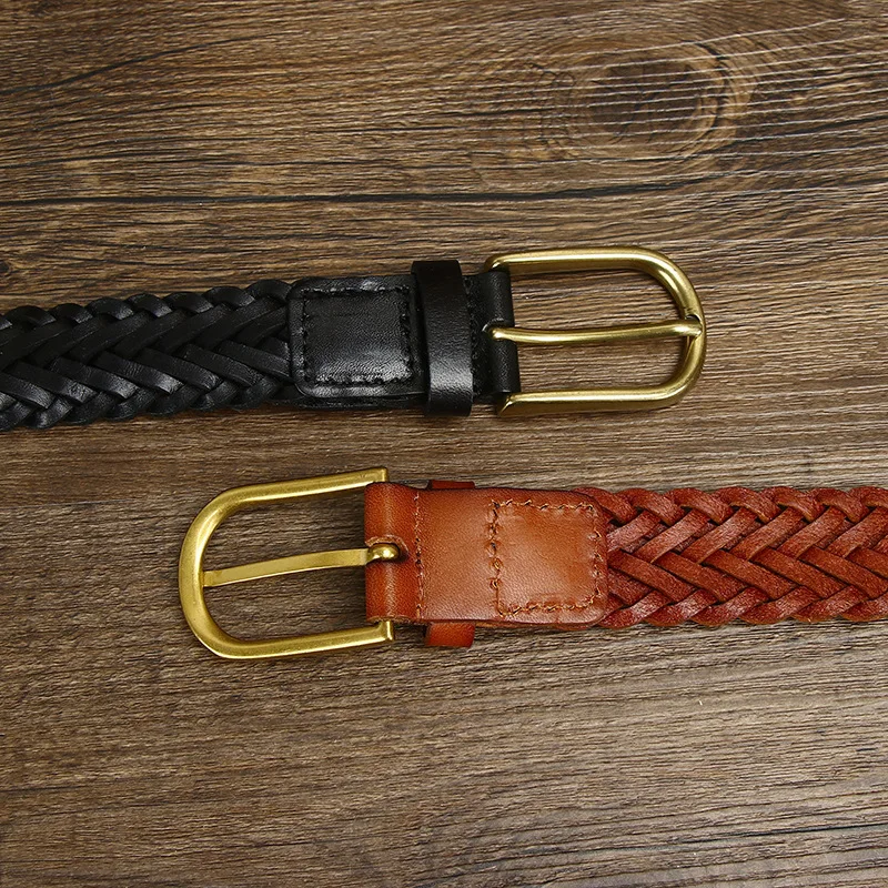 3CM Unisex Fashion Designer Weaving Belt Women And Men Full Grain Real Genuine Leather Girdle Breathable Belt For Jeans