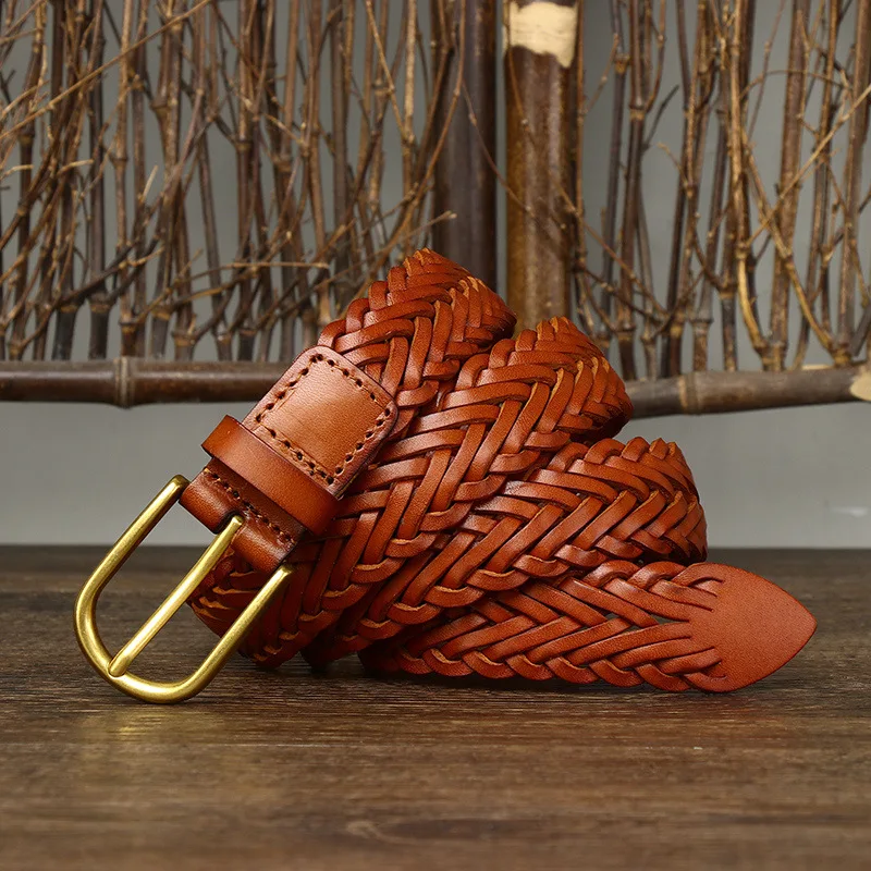 3CM Unisex Fashion Designer Weaving Belt Women And Men Full Grain Real Genuine Leather Girdle Breathable Belt For Jeans