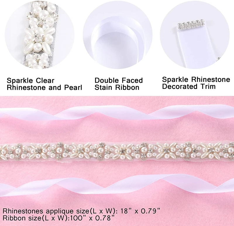 JLZXSY Handmade Pearl Beaded Bridal Wedding Belt Sash, Rhinestone Crystal Belt for Brides Bridesmaid Women Prom Dresses