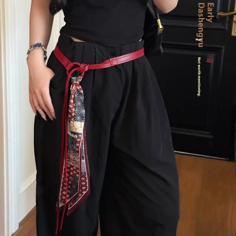 Y2k Punk Girls Scarf Waist Belt Retro Pu Leather Women's Belt Bohemian Style Silk Scarf Waist Rope Trendy Jeans Dress Decorative