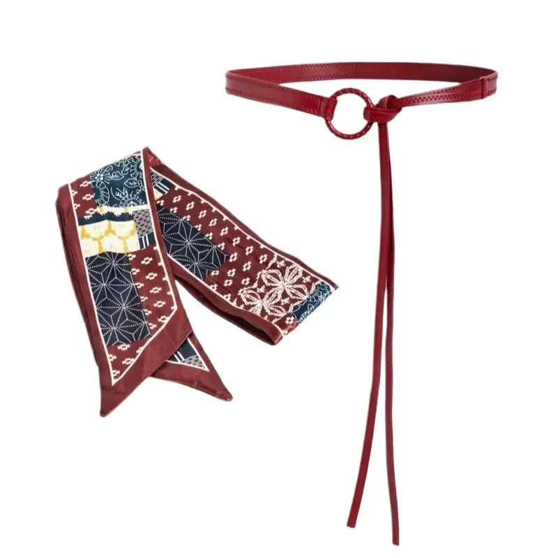 Y2k Punk Girls Scarf Waist Belt Retro Pu Leather Women's Belt Bohemian Style Silk Scarf Waist Rope Trendy Jeans Dress Decorative