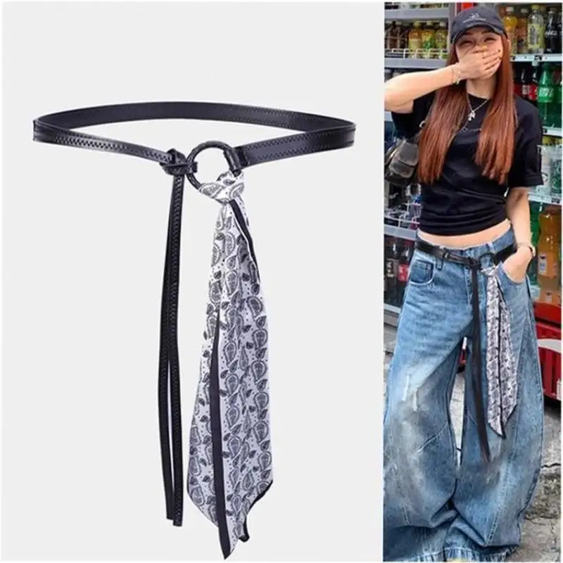 Y2k Punk Girls Scarf Waist Belt Retro Pu Leather Women's Belt Bohemian Style Silk Scarf Waist Rope Trendy Jeans Dress Decorative