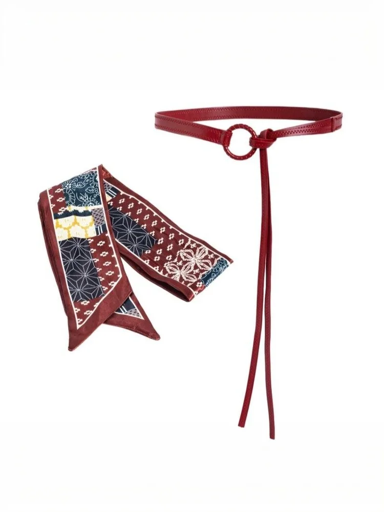 Y2k Punk Girls Scarf Waist Belt Retro Pu Leather Women's Belt Bohemian Style Silk Scarf Waist Rope Trendy Jeans Dress Decorative