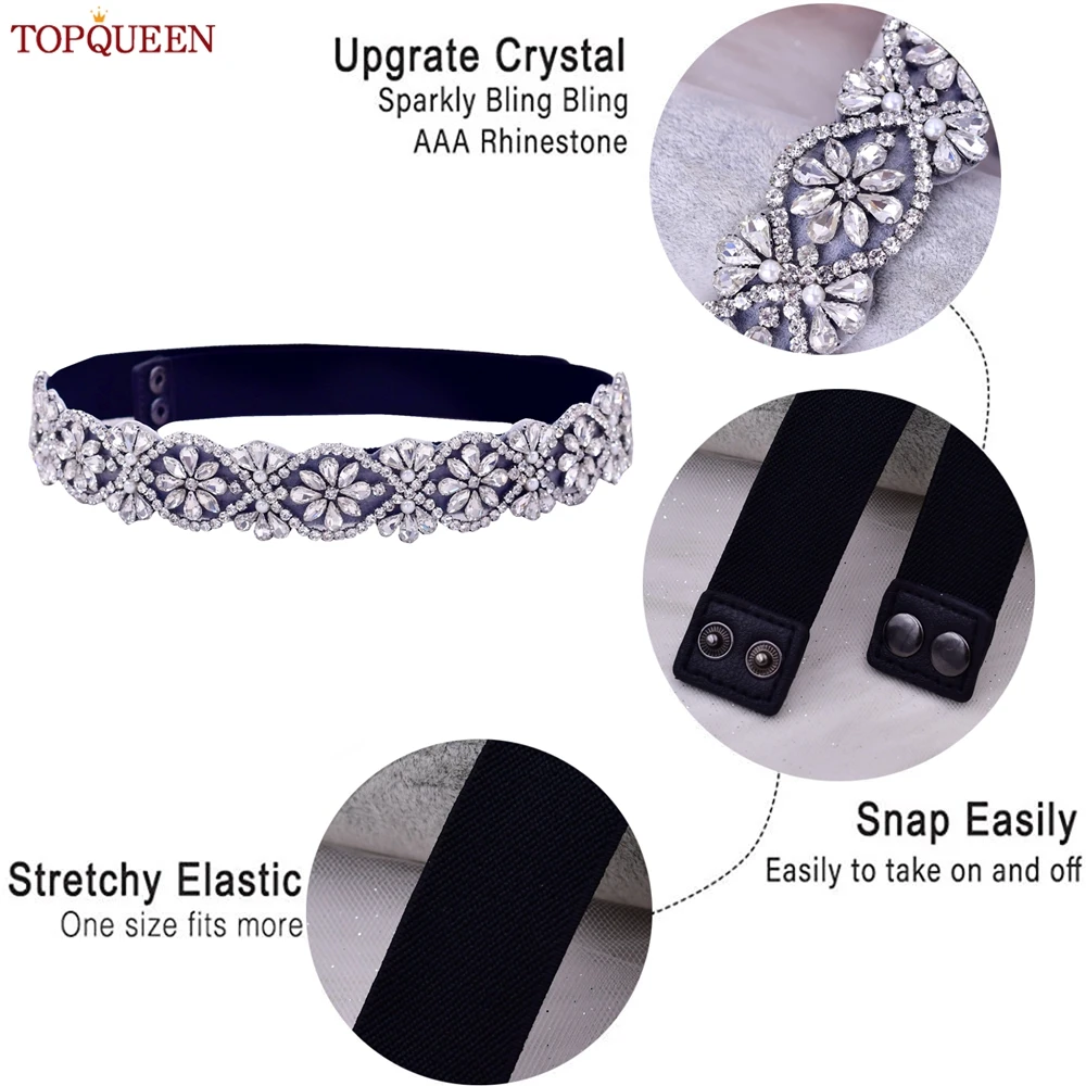 TOPQUEEN Women Dresses Elastic Belt Fashion Sparkly Rhinestone Stretch Waistband Travel Party Decoration Plus Size Customized