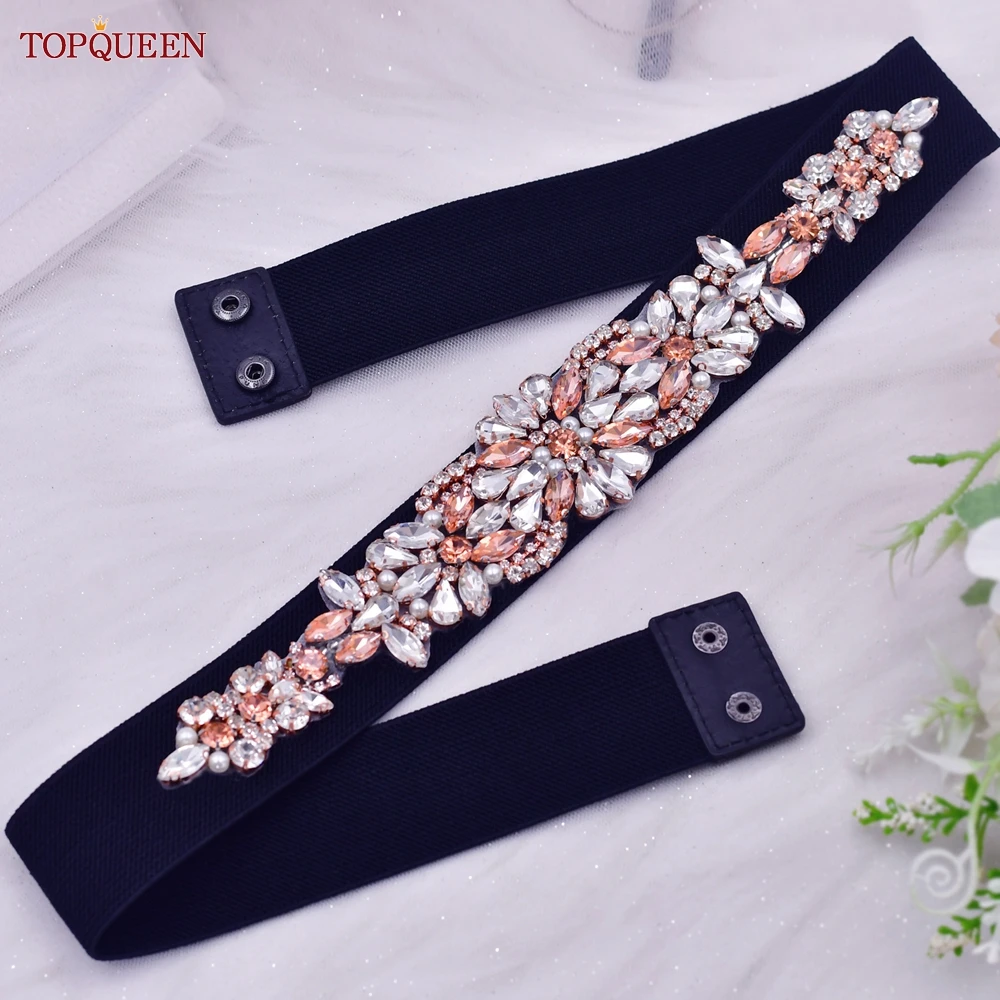 TOPQUEEN Women Dresses Elastic Belt Fashion Sparkly Rhinestone Stretch Waistband Travel Party Decoration Plus Size Customized