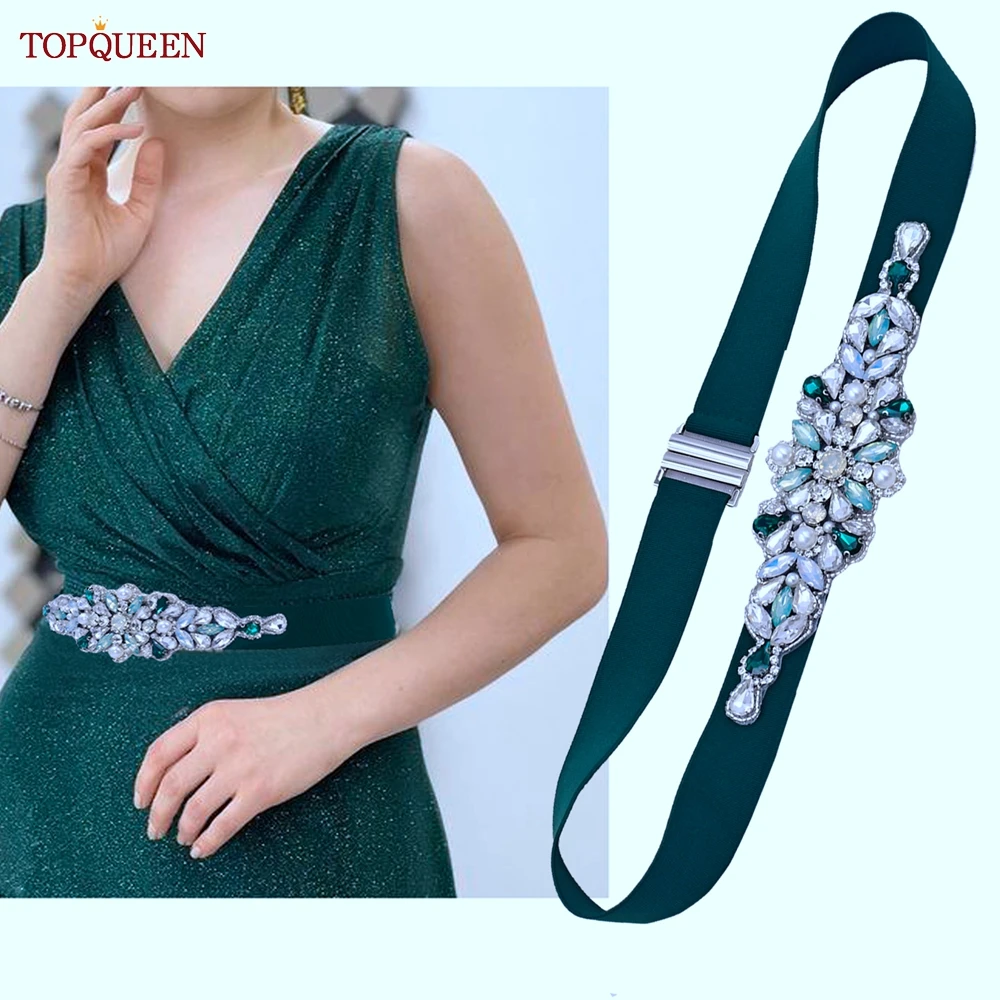 TOPQUEEN Women Dresses Elastic Belt Fashion Sparkly Rhinestone Stretch Waistband Travel Party Decoration Plus Size Customized