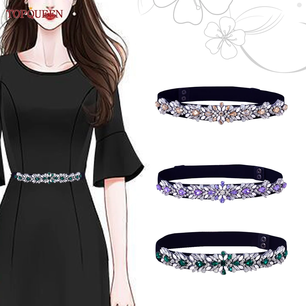 TOPQUEEN Women Dresses Elastic Belt Fashion Sparkly Rhinestone Stretch Waistband Travel Party Decoration Plus Size Customized