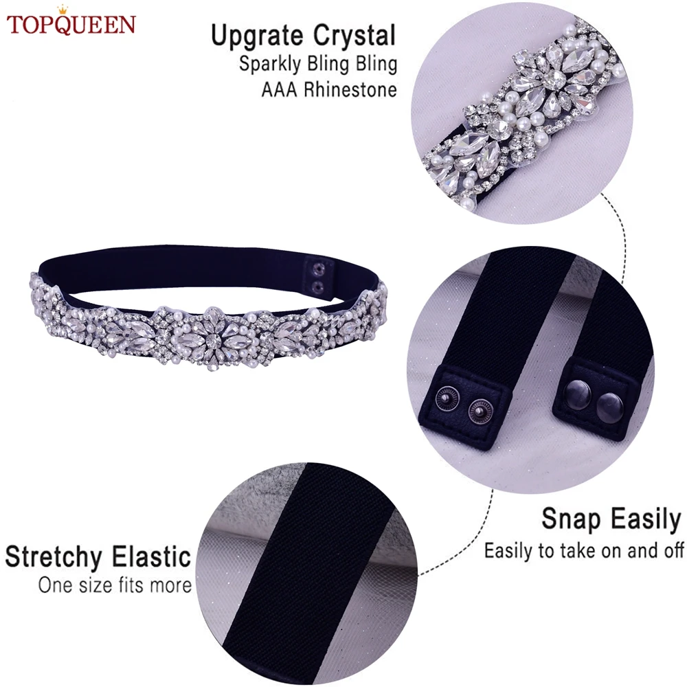 TOPQUEEN Women Dresses Elastic Belt Fashion Sparkly Rhinestone Stretch Waistband Travel Party Decoration Plus Size Customized