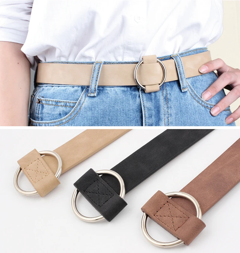 Trend Women Belt Fashion Round Buckle Design Imitation Leather Belt Simple and Versatile Youth Student Decoration Jeans Belt