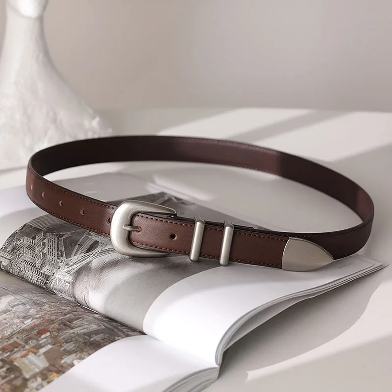 Maikun New Vintage Ladies Leather Belt Simple All-Match Silver Buckle Decorative Belt For Women