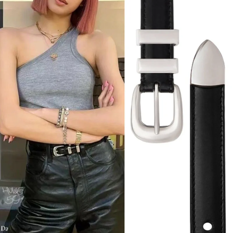 Maikun New Vintage Ladies Leather Belt Simple All-Match Silver Buckle Decorative Belt For Women