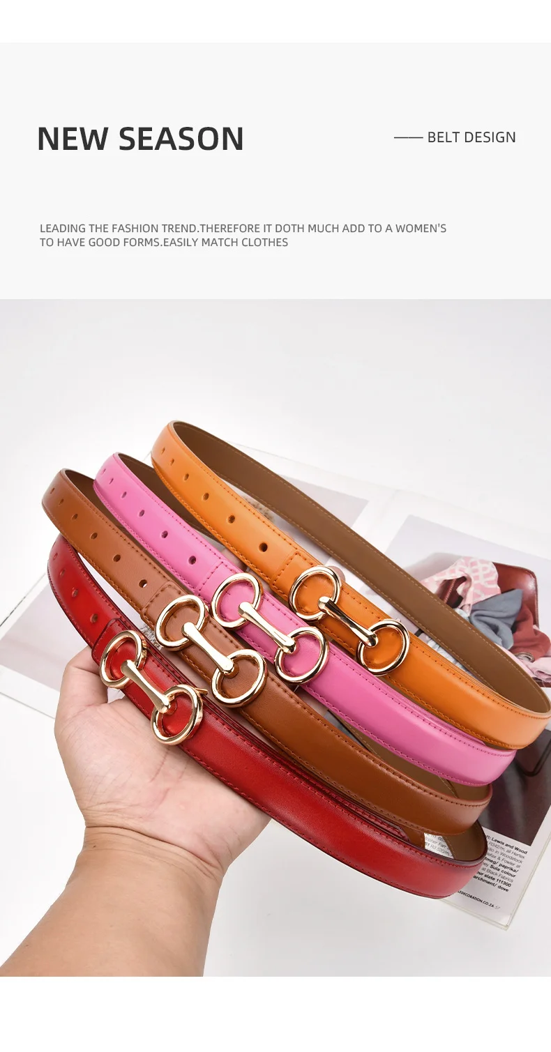 2.4cm Belts for Women Girls Fashion Waist Belt Cowhide Leather Simple 8 Metal Pin Buckle Belt Leisure Dress Jeans Waistband