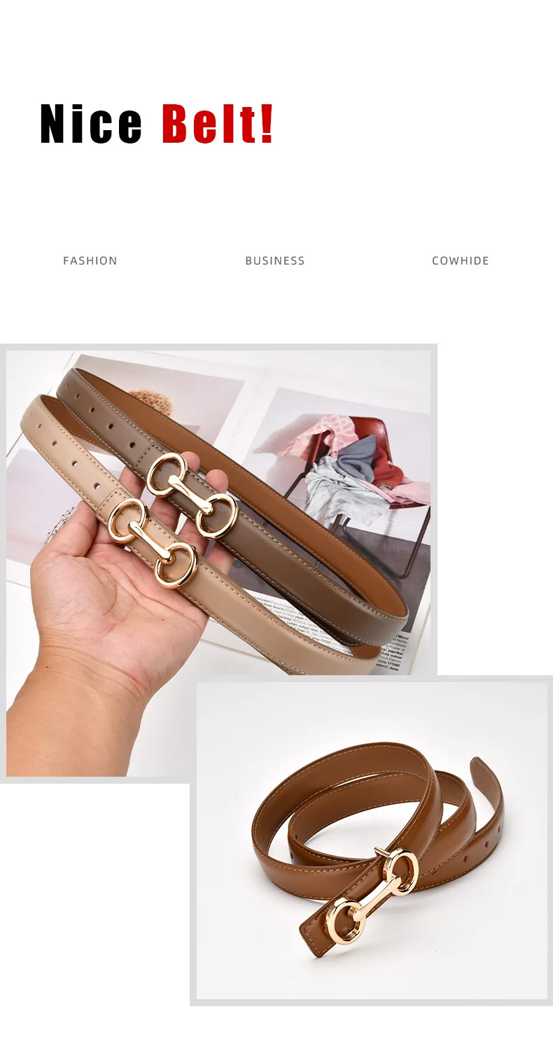 2.4cm Belts for Women Girls Fashion Waist Belt Cowhide Leather Simple 8 Metal Pin Buckle Belt Leisure Dress Jeans Waistband