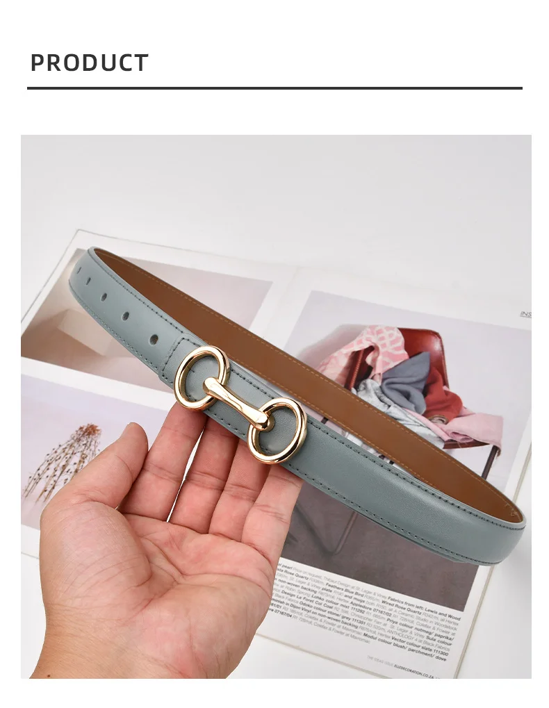 2.4cm Belts for Women Girls Fashion Waist Belt Cowhide Leather Simple 8 Metal Pin Buckle Belt Leisure Dress Jeans Waistband