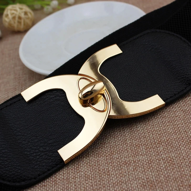 Wide Elastic Belts for Women Stretch Ladies Waist Belt with Fashion Gold Buckle, Vintage Classic Plus Size Belts for Women