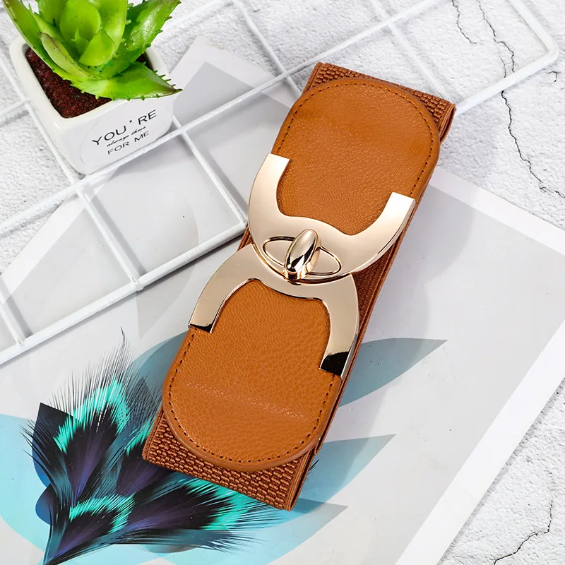 Wide Elastic Belts for Women Stretch Ladies Waist Belt with Fashion Gold Buckle, Vintage Classic Plus Size Belts for Women