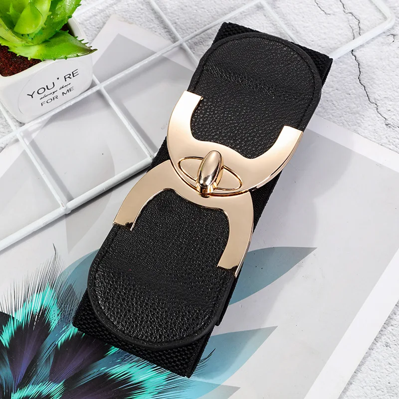 Wide Elastic Belts for Women Stretch Ladies Waist Belt with Fashion Gold Buckle, Vintage Classic Plus Size Belts for Women