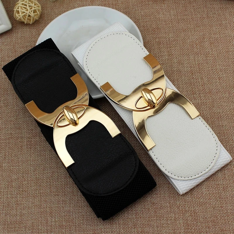 Wide Elastic Belts for Women Stretch Ladies Waist Belt with Fashion Gold Buckle, Vintage Classic Plus Size Belts for Women