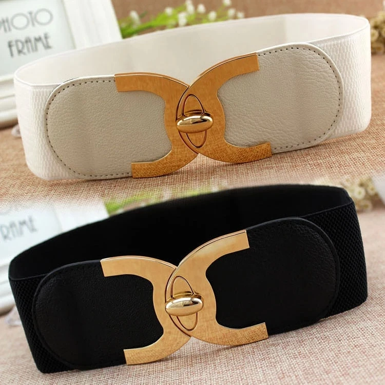 Wide Elastic Belts for Women Stretch Ladies Waist Belt with Fashion Gold Buckle, Vintage Classic Plus Size Belts for Women