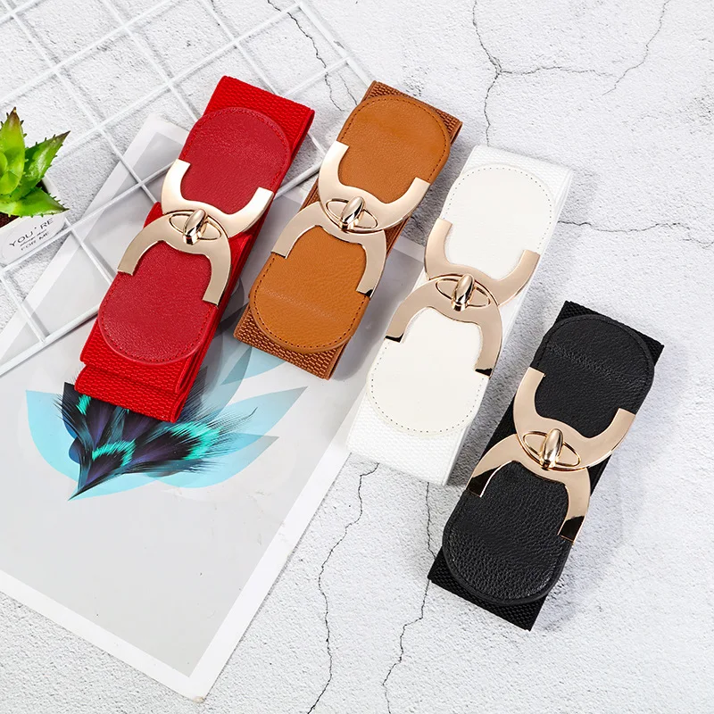 Wide Elastic Belts for Women Stretch Ladies Waist Belt with Fashion Gold Buckle, Vintage Classic Plus Size Belts for Women