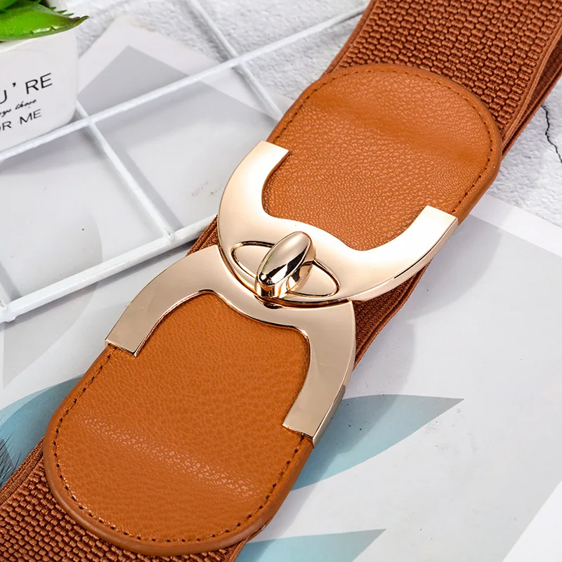 Wide Elastic Belts for Women Stretch Ladies Waist Belt with Fashion Gold Buckle, Vintage Classic Plus Size Belts for Women