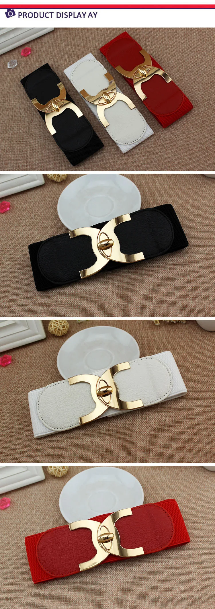 Wide Elastic Belts for Women Stretch Ladies Waist Belt with Fashion Gold Buckle, Vintage Classic Plus Size Belts for Women