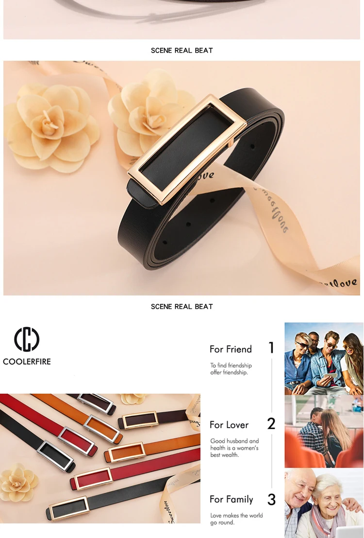 COOLERFIRE New Designer Gold Buckle Belt Waist Female Skinny Thin Genuine Leather Belts For Women Dress Belt LB016