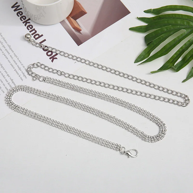 Shiny Rhinestone Women Waist Chain Belt Elegant Long Thin Adjustable Metal Chain For Lady Female Dress Coat Decorative Waistband