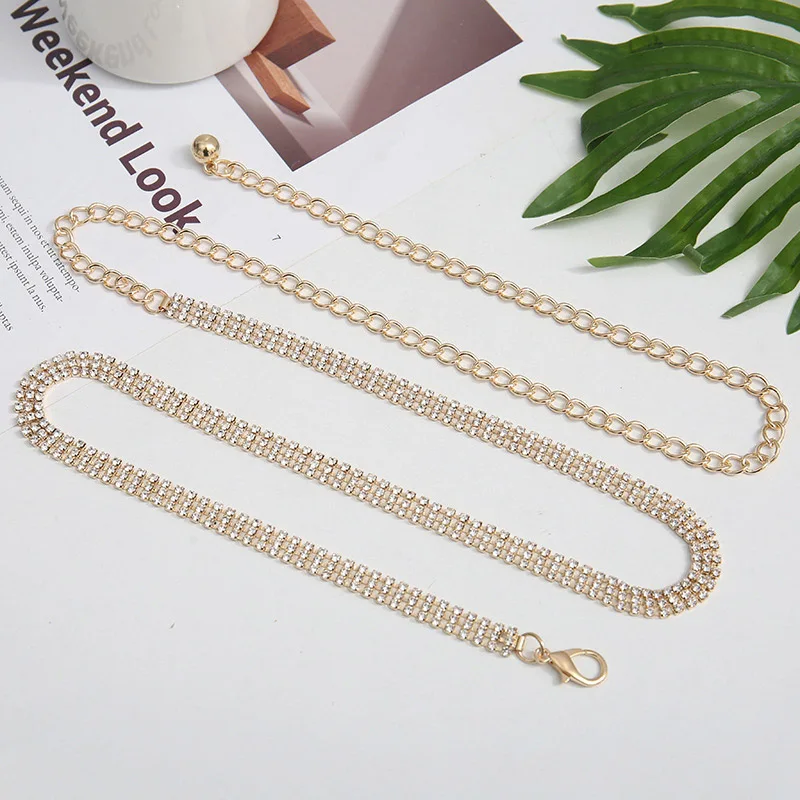 Shiny Rhinestone Women Waist Chain Belt Elegant Long Thin Adjustable Metal Chain For Lady Female Dress Coat Decorative Waistband