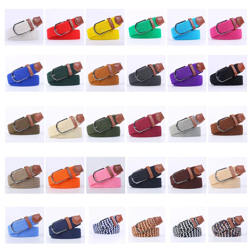 Black Blue Beige Unisex Women Casual Knitted Pin Buckle Thin Belt Woven Canvas Elastic Expandable Braided Stretch Belts for Men