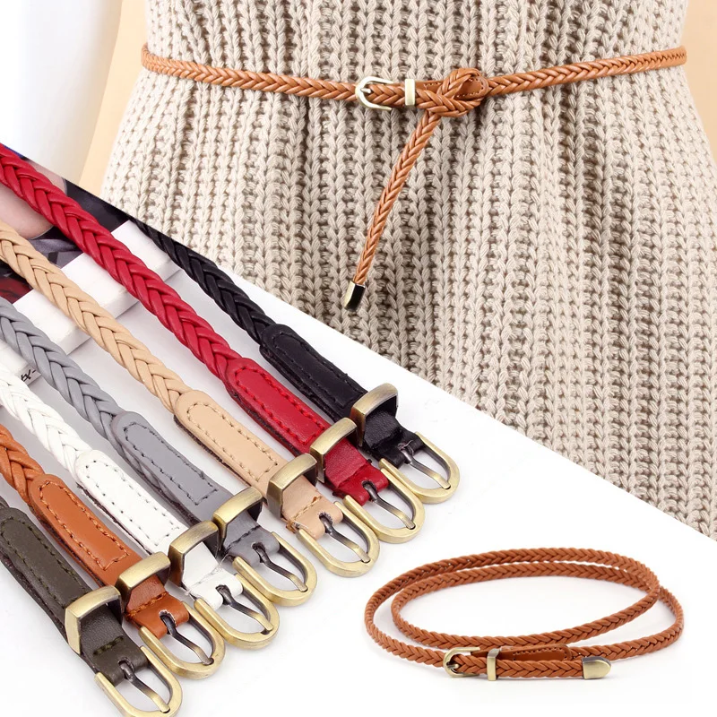 Leather Braided Thin Belt For Woman Dress Shirt Decorative Girdles Strap Fashion Pin Buckle Female Waistband Ladies Waist Rope