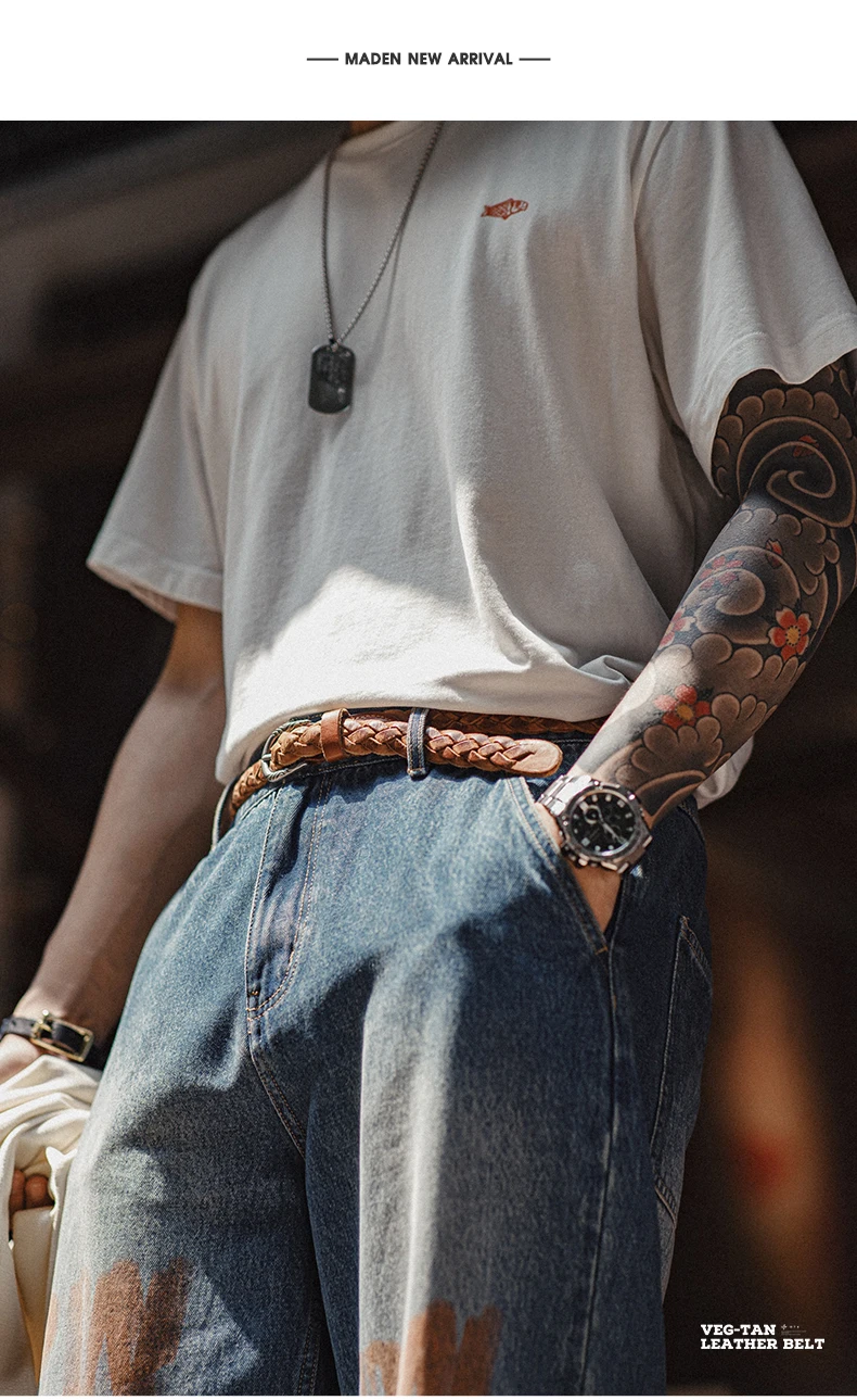 Maden Vintage Belt Woven Vegetable Tanned Cowhide Leather Belt Accessories with Two-layer Cowhide for Men's Versatile Brown Belt