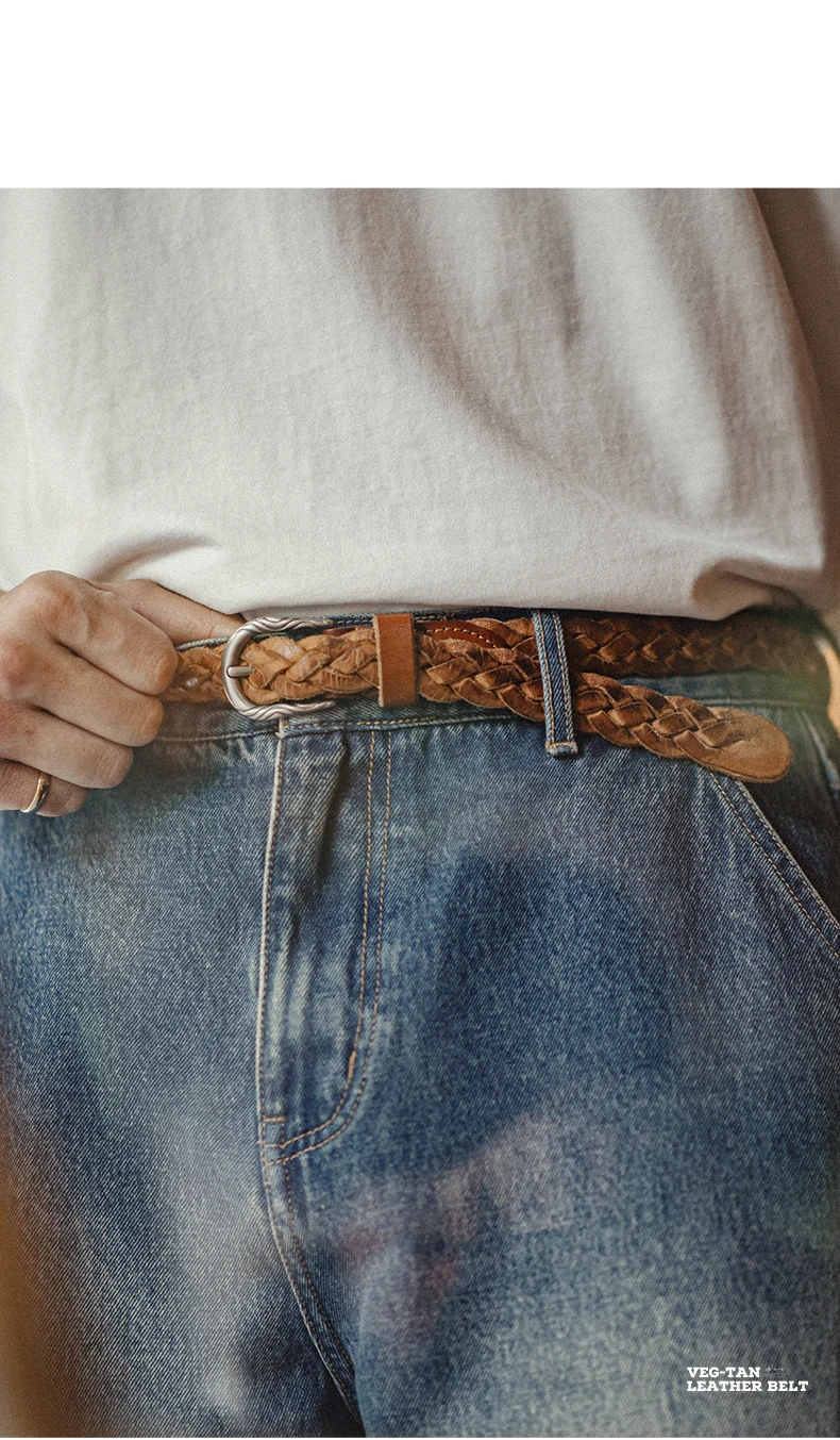 Maden Vintage Belt Woven Vegetable Tanned Cowhide Leather Belt Accessories with Two-layer Cowhide for Men's Versatile Brown Belt