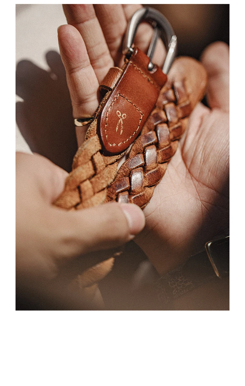 Maden Vintage Belt Woven Vegetable Tanned Cowhide Leather Belt Accessories with Two-layer Cowhide for Men's Versatile Brown Belt
