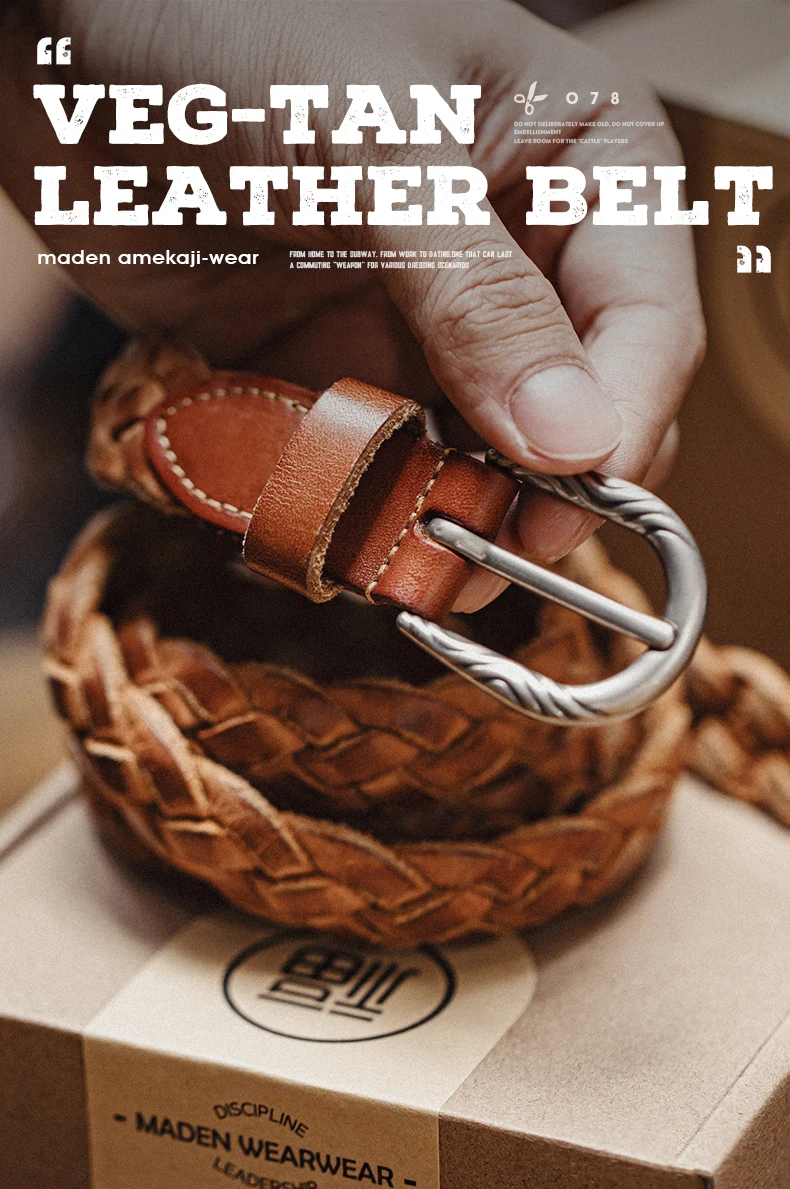 Maden Vintage Belt Woven Vegetable Tanned Cowhide Leather Belt Accessories with Two-layer Cowhide for Men's Versatile Brown Belt