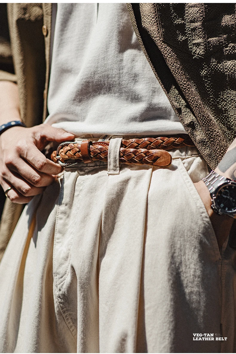 Maden Vintage Belt Woven Vegetable Tanned Cowhide Leather Belt Accessories with Two-layer Cowhide for Men's Versatile Brown Belt
