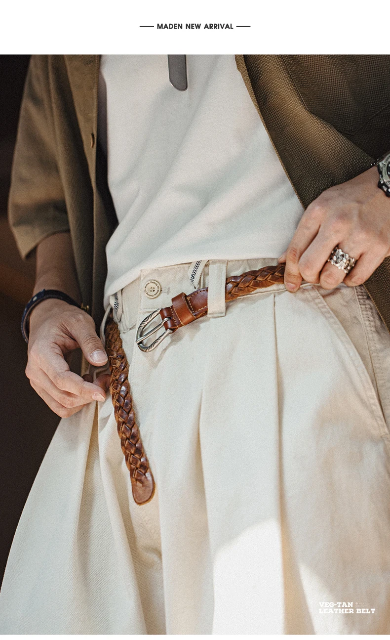 Maden Vintage Belt Woven Vegetable Tanned Cowhide Leather Belt Accessories with Two-layer Cowhide for Men's Versatile Brown Belt