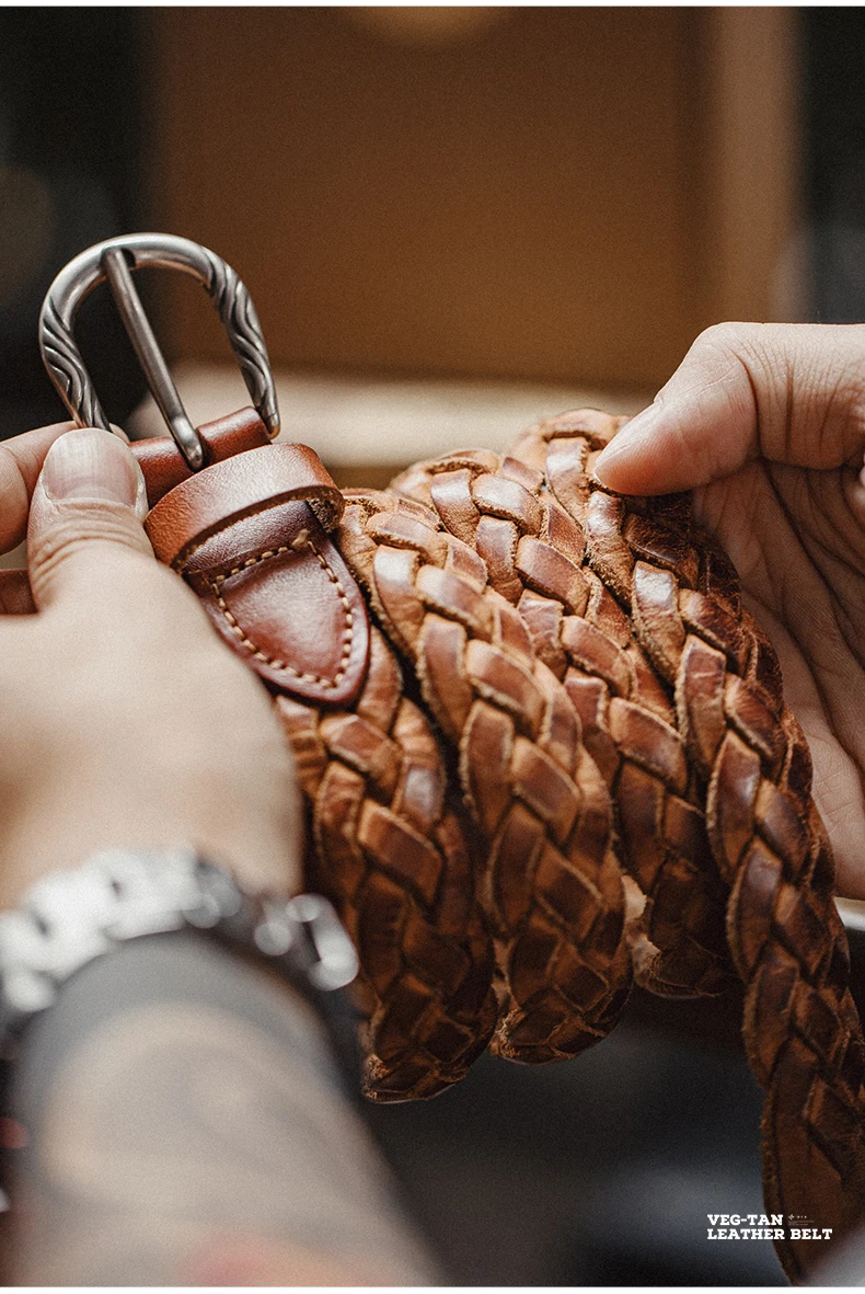 Maden Vintage Belt Woven Vegetable Tanned Cowhide Leather Belt Accessories with Two-layer Cowhide for Men's Versatile Brown Belt