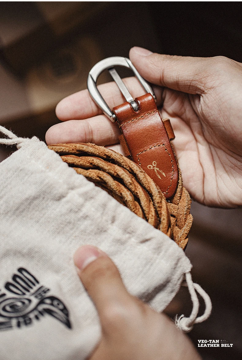Maden Vintage Belt Woven Vegetable Tanned Cowhide Leather Belt Accessories with Two-layer Cowhide for Men's Versatile Brown Belt