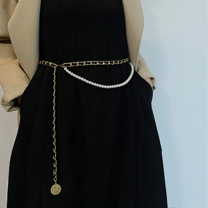 Designer Waist Chain Women's Sheepskin Decorative Dress Belt Metal Peach Heart Coin Pendant Pearl Strap Chain