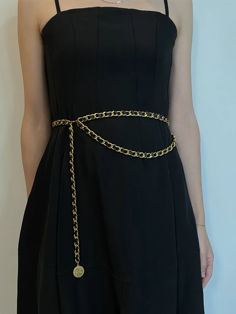 Designer Waist Chain Women's Sheepskin Decorative Dress Belt Metal Peach Heart Coin Pendant Pearl Strap Chain