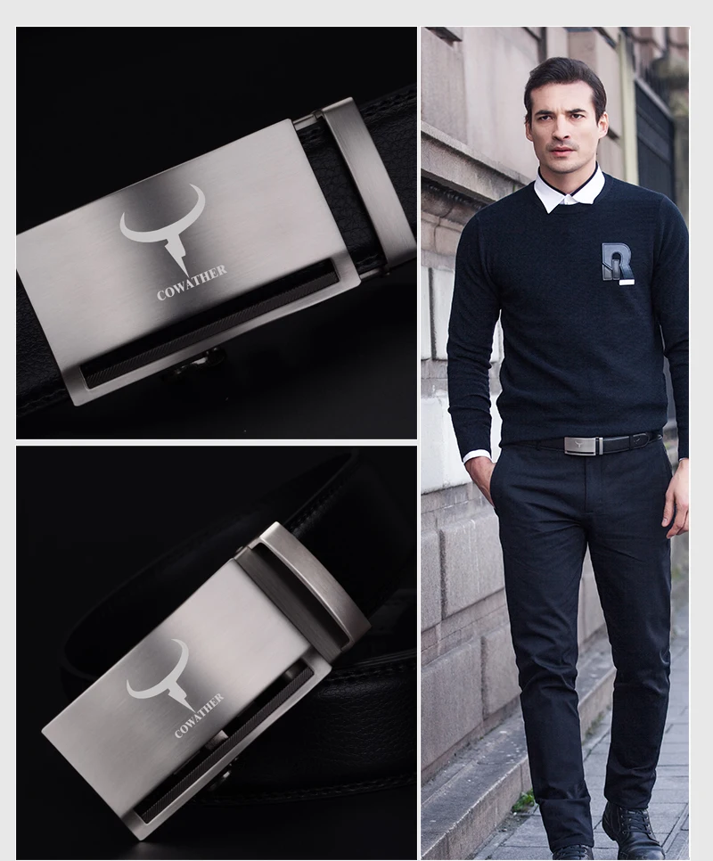 COWATHER fashion men belt top cow genuine leather automatic buckle belts for men causal design cowhide male strap