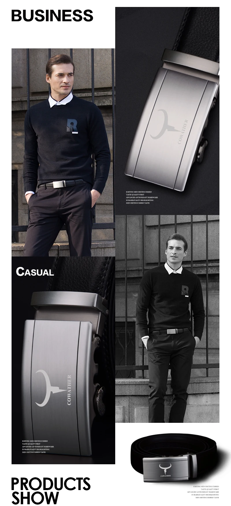 COWATHER fashion men belt top cow genuine leather automatic buckle belts for men causal design cowhide male strap