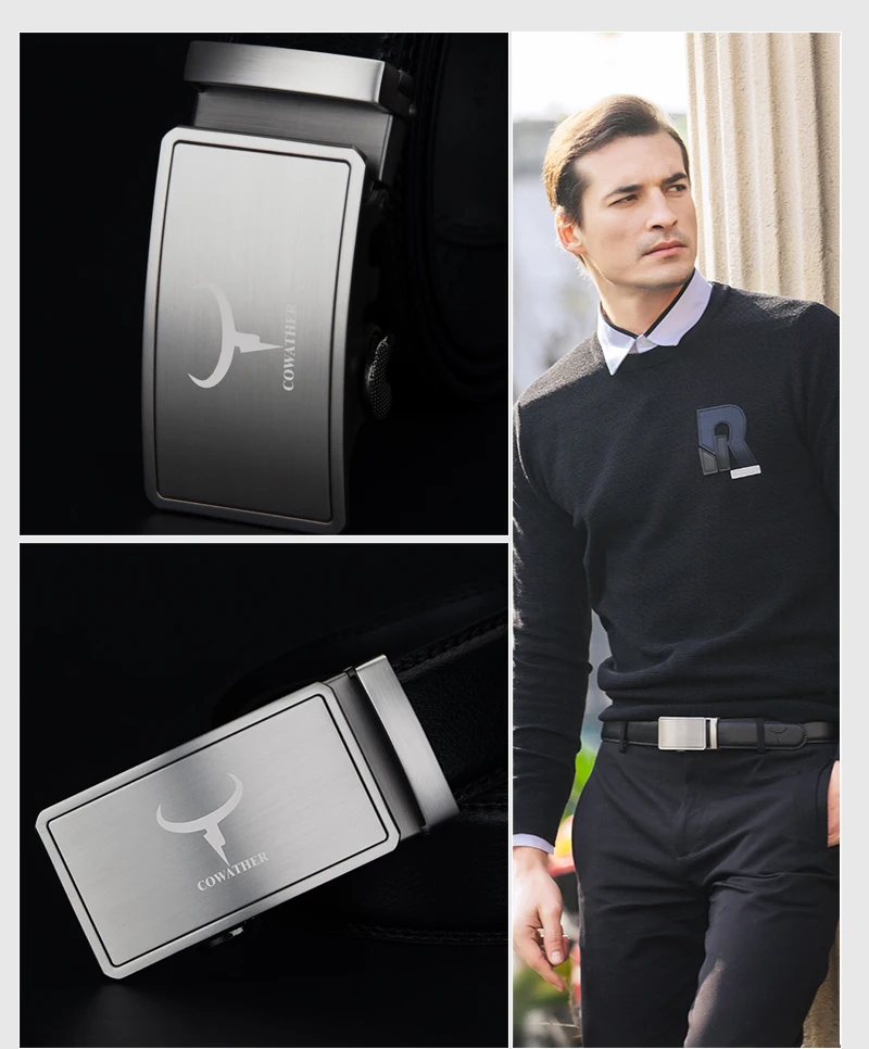 COWATHER fashion men belt top cow genuine leather automatic buckle belts for men causal design cowhide male strap