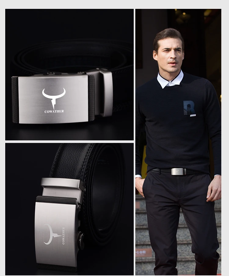 COWATHER fashion men belt top cow genuine leather automatic buckle belts for men causal design cowhide male strap