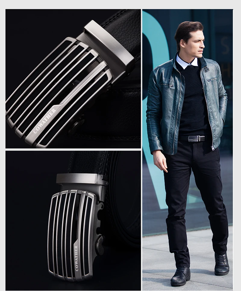 COWATHER fashion men belt top cow genuine leather automatic buckle belts for men causal design cowhide male strap