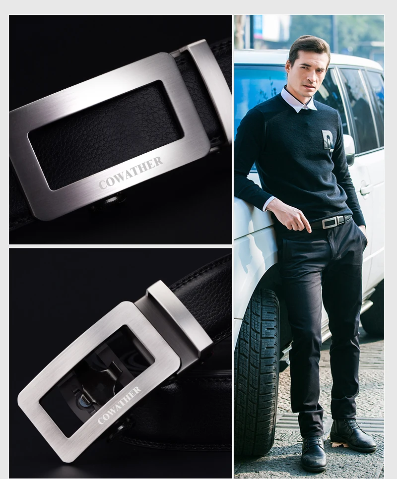 COWATHER fashion men belt top cow genuine leather automatic buckle belts for men causal design cowhide male strap