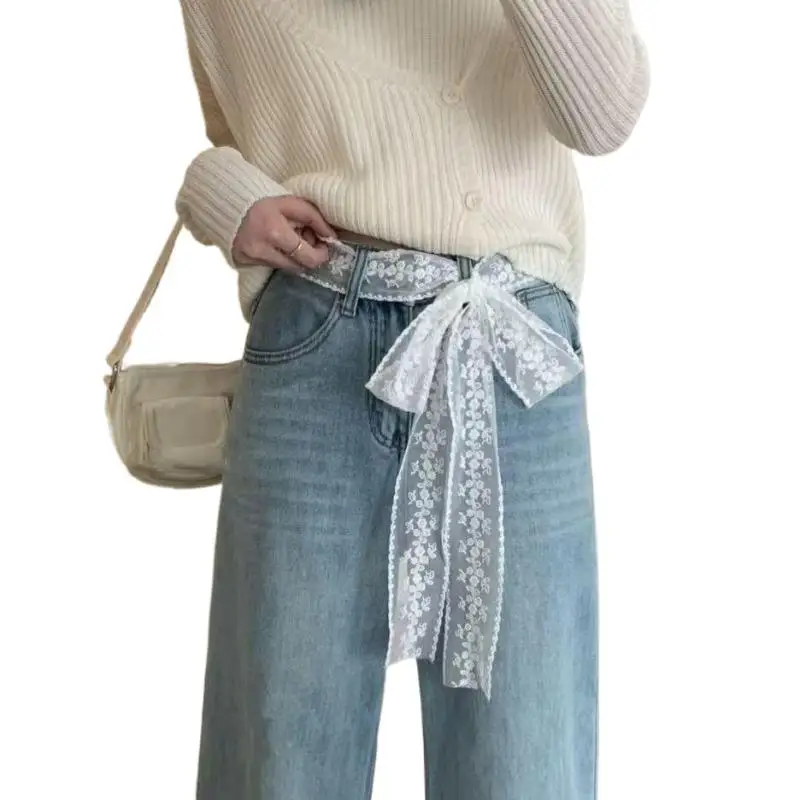 Stylish Y2K Long Lace Floral Bow Belt; Waistband for Effortless Dress or Jeans Styling; Versatile as Hair Band or Lace Scarf