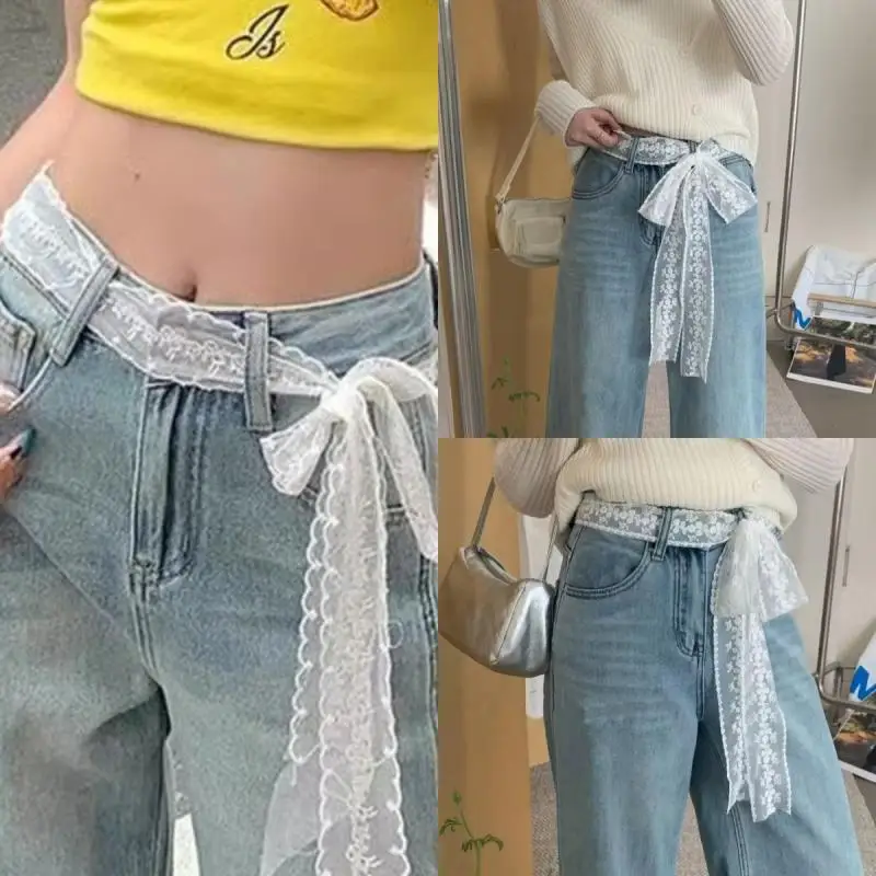 Stylish Y2K Long Lace Floral Bow Belt; Waistband for Effortless Dress or Jeans Styling; Versatile as Hair Band or Lace Scarf